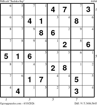 The grouppuzzles.com Difficult Sudoku-8up puzzle for Friday April 10, 2026, suitable for printing, with all 9 steps marked