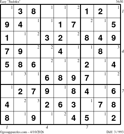 The grouppuzzles.com Easy Sudoku puzzle for Friday April 10, 2026, suitable for printing, with all 3 steps marked