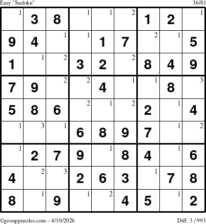The grouppuzzles.com Easy Sudoku puzzle for Friday April 10, 2026 with the first 3 steps marked