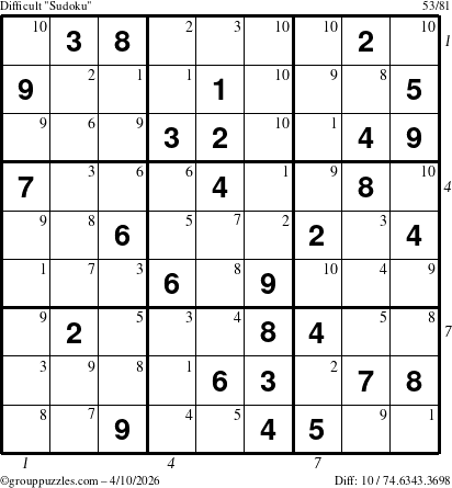The grouppuzzles.com Difficult Sudoku puzzle for Friday April 10, 2026 with all 10 steps marked