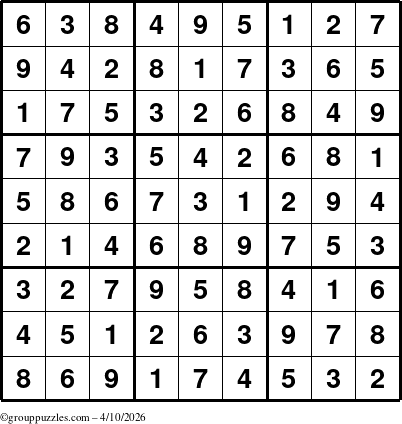The grouppuzzles.com Answer grid for the Sudoku puzzle for Friday April 10, 2026