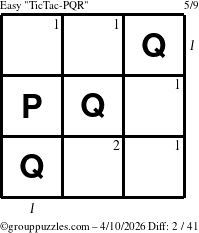 The grouppuzzles.com Easy TicTac-PQR puzzle for Friday April 10, 2026, suitable for printing, with all 2 steps marked