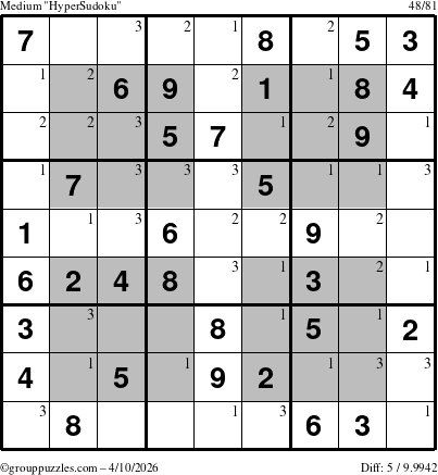 The grouppuzzles.com Medium HyperSudoku puzzle for Friday April 10, 2026 with the first 3 steps marked