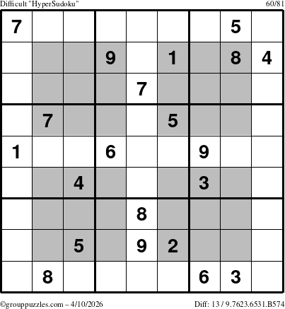 The grouppuzzles.com Difficult HyperSudoku puzzle for Friday April 10, 2026