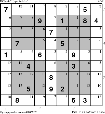 The grouppuzzles.com Difficult HyperSudoku puzzle for Friday April 10, 2026 with all 13 steps marked