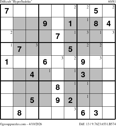 The grouppuzzles.com Difficult HyperSudoku puzzle for Friday April 10, 2026 with the first 3 steps marked