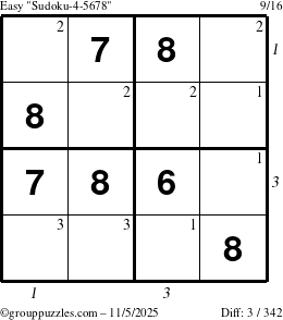 The grouppuzzles.com Easy Sudoku-4-5678 puzzle for Wednesday November 5, 2025 with all 3 steps marked