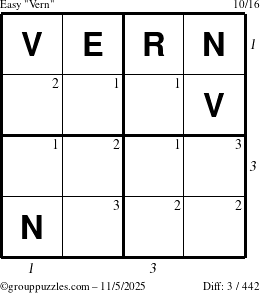 The grouppuzzles.com Easy Vern puzzle for Wednesday November 5, 2025 with all 3 steps marked