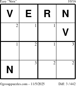 The grouppuzzles.com Easy Vern puzzle for Wednesday November 5, 2025 with the first 3 steps marked