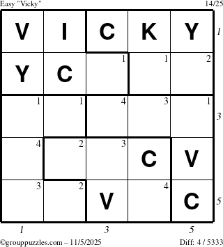 The grouppuzzles.com Easy Vicky puzzle for Wednesday November 5, 2025 with all 4 steps marked