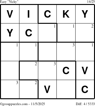 The grouppuzzles.com Easy Vicky puzzle for Wednesday November 5, 2025 with the first 3 steps marked