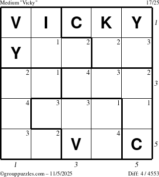 The grouppuzzles.com Medium Vicky puzzle for Wednesday November 5, 2025, suitable for printing, with all 4 steps marked
