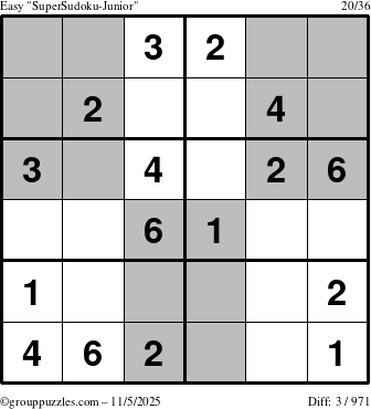 The grouppuzzles.com Easy SuperSudoku-Junior puzzle for Wednesday November 5, 2025