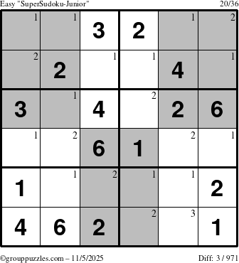 The grouppuzzles.com Easy SuperSudoku-Junior puzzle for Wednesday November 5, 2025 with the first 3 steps marked