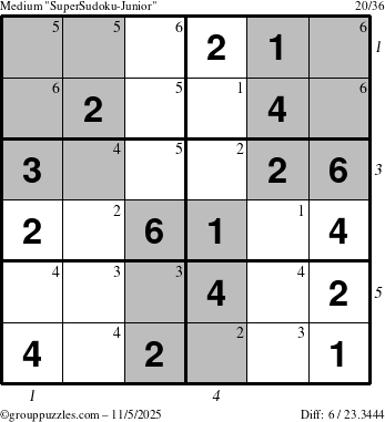 The grouppuzzles.com Medium SuperSudoku-Junior puzzle for Wednesday November 5, 2025, suitable for printing, with all 6 steps marked