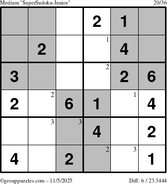 The grouppuzzles.com Medium SuperSudoku-Junior puzzle for Wednesday November 5, 2025 with the first 3 steps marked