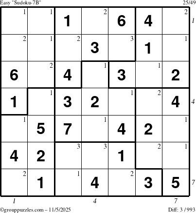 The grouppuzzles.com Easy Sudoku-7B puzzle for Wednesday November 5, 2025, suitable for printing, with all 3 steps marked