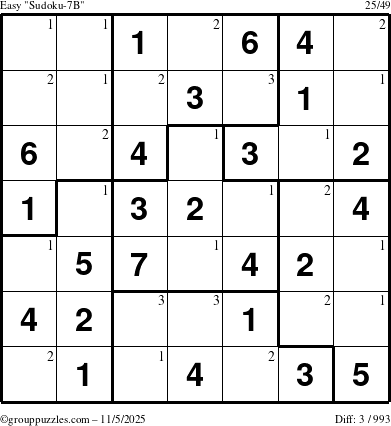 The grouppuzzles.com Easy Sudoku-7B puzzle for Wednesday November 5, 2025 with the first 3 steps marked
