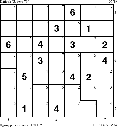 The grouppuzzles.com Difficult Sudoku-7B puzzle for Wednesday November 5, 2025, suitable for printing, with all 8 steps marked