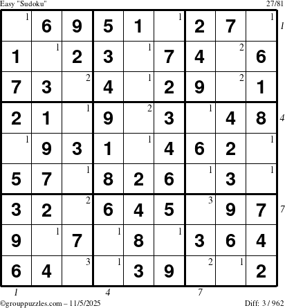 The grouppuzzles.com Easy Sudoku puzzle for Wednesday November 5, 2025 with all 3 steps marked