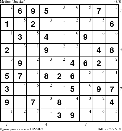 The grouppuzzles.com Medium Sudoku puzzle for Wednesday November 5, 2025, suitable for printing, with all 7 steps marked