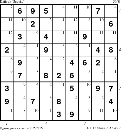 The grouppuzzles.com Difficult Sudoku puzzle for Wednesday November 5, 2025 with all 12 steps marked