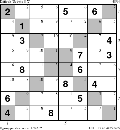 The grouppuzzles.com Difficult Sudoku-8-X puzzle for Wednesday November 5, 2025, suitable for printing, with all 10 steps marked