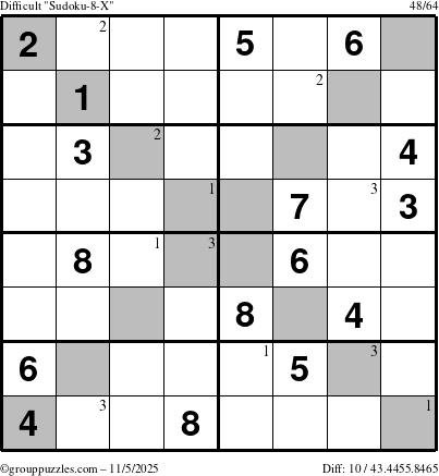 The grouppuzzles.com Difficult Sudoku-8-X puzzle for Wednesday November 5, 2025 with the first 3 steps marked