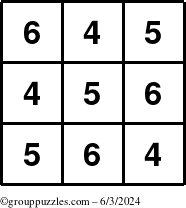 The grouppuzzles.com Answer grid for the TicTac-456 puzzle for Monday June 3, 2024