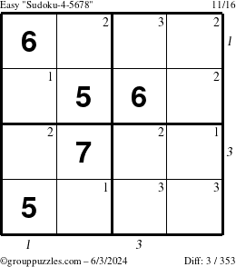 The grouppuzzles.com Easy Sudoku-4-5678 puzzle for Monday June 3, 2024 with all 3 steps marked