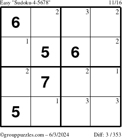 The grouppuzzles.com Easy Sudoku-4-5678 puzzle for Monday June 3, 2024 with the first 3 steps marked