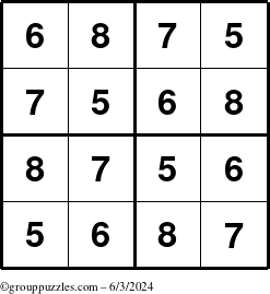 The grouppuzzles.com Answer grid for the Sudoku-4-5678 puzzle for Monday June 3, 2024