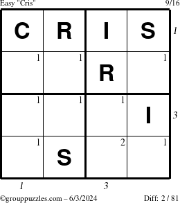 The grouppuzzles.com Easy Cris puzzle for Monday June 3, 2024 with all 2 steps marked