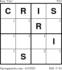 The grouppuzzles.com Easy Cris puzzle for Monday June 3, 2024 with the first 2 steps marked