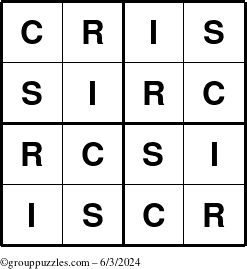 The grouppuzzles.com Answer grid for the Cris puzzle for Monday June 3, 2024