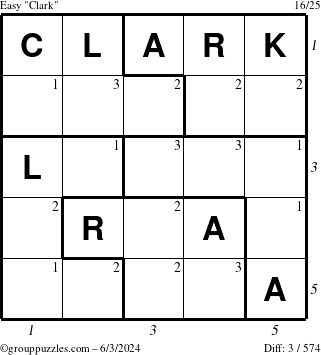 The grouppuzzles.com Easy Clark puzzle for Monday June 3, 2024 with all 3 steps marked