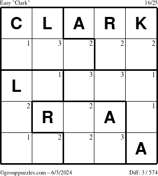 The grouppuzzles.com Easy Clark puzzle for Monday June 3, 2024 with the first 3 steps marked