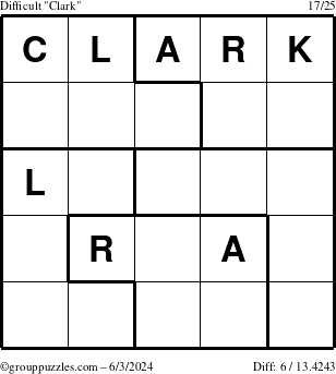 The grouppuzzles.com Difficult Clark puzzle for Monday June 3, 2024