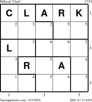 The grouppuzzles.com Difficult Clark puzzle for Monday June 3, 2024 with all 6 steps marked