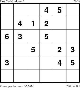 The grouppuzzles.com Easy Sudoku-Junior puzzle for Monday June 3, 2024