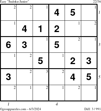 The grouppuzzles.com Easy Sudoku-Junior puzzle for Monday June 3, 2024 with all 3 steps marked