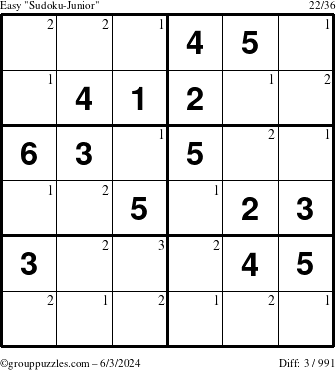 The grouppuzzles.com Easy Sudoku-Junior puzzle for Monday June 3, 2024 with the first 3 steps marked