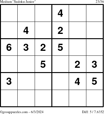 The grouppuzzles.com Medium Sudoku-Junior puzzle for Monday June 3, 2024