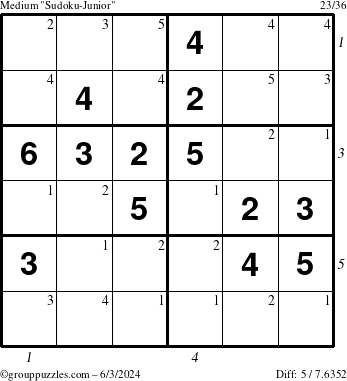 The grouppuzzles.com Medium Sudoku-Junior puzzle for Monday June 3, 2024, suitable for printing, with all 5 steps marked