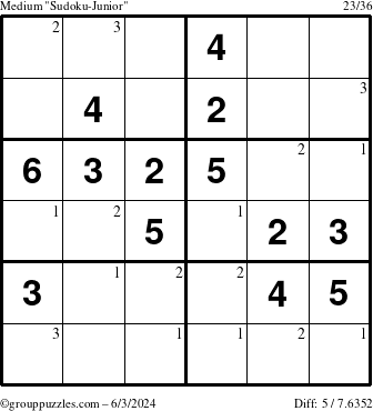 The grouppuzzles.com Medium Sudoku-Junior puzzle for Monday June 3, 2024 with the first 3 steps marked