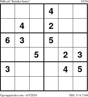 The grouppuzzles.com Difficult Sudoku-Junior puzzle for Monday June 3, 2024