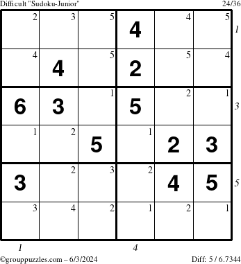 The grouppuzzles.com Difficult Sudoku-Junior puzzle for Monday June 3, 2024 with all 5 steps marked