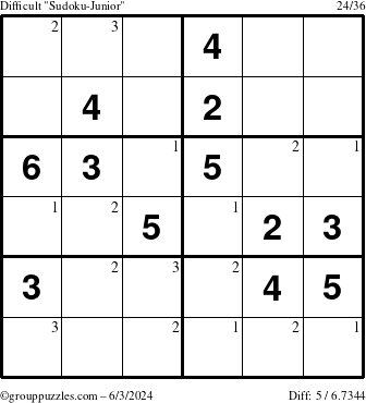 The grouppuzzles.com Difficult Sudoku-Junior puzzle for Monday June 3, 2024 with the first 3 steps marked