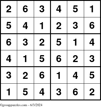 The grouppuzzles.com Answer grid for the Sudoku-Junior puzzle for Monday June 3, 2024