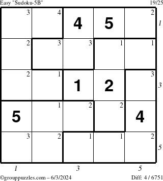 The grouppuzzles.com Easy Sudoku-5B puzzle for Monday June 3, 2024 with all 4 steps marked